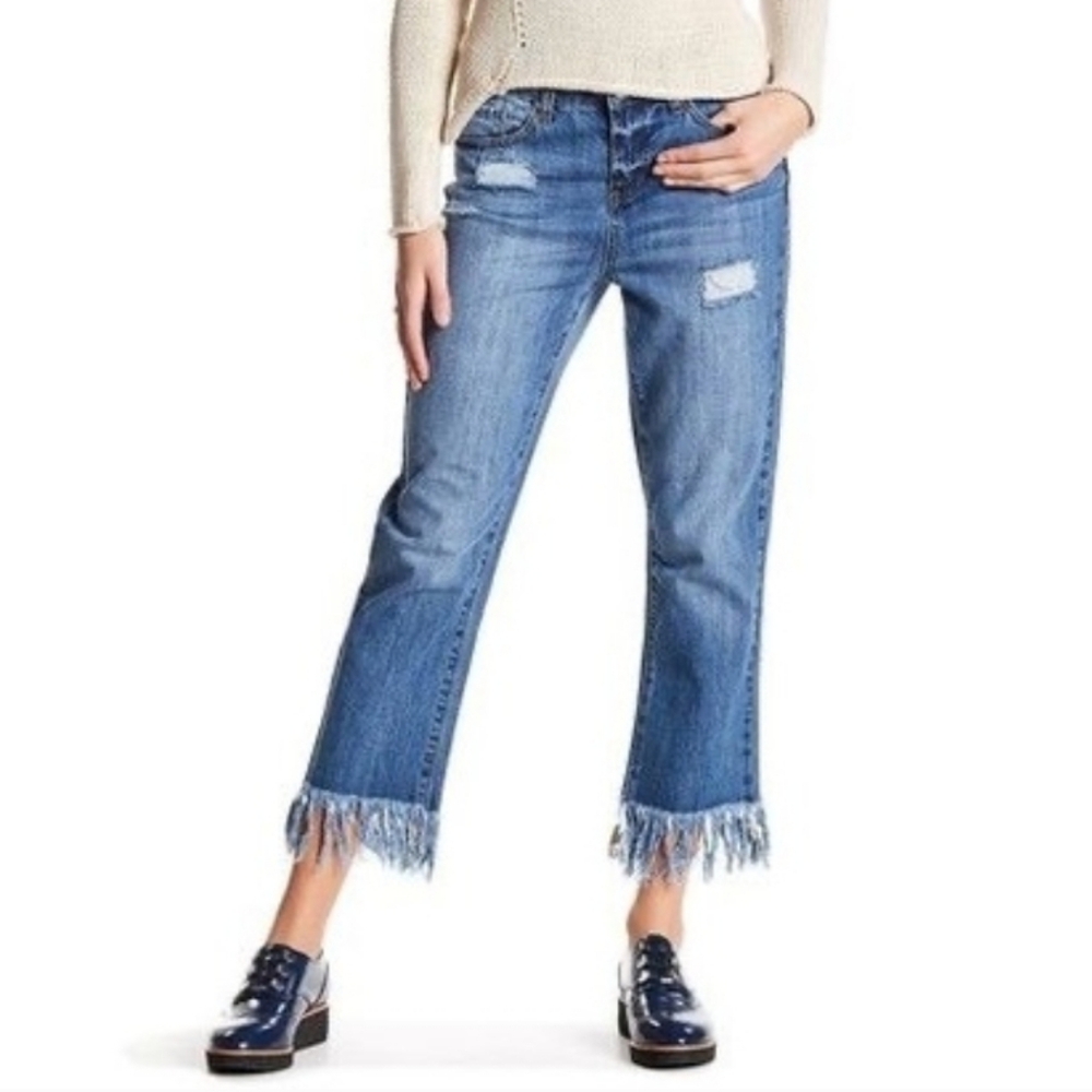 ASHLEY MASON SUPER FRINGE RIGID DISTRESSED CROPPED LOOSE FIT BOYFRIEND JEANS 27